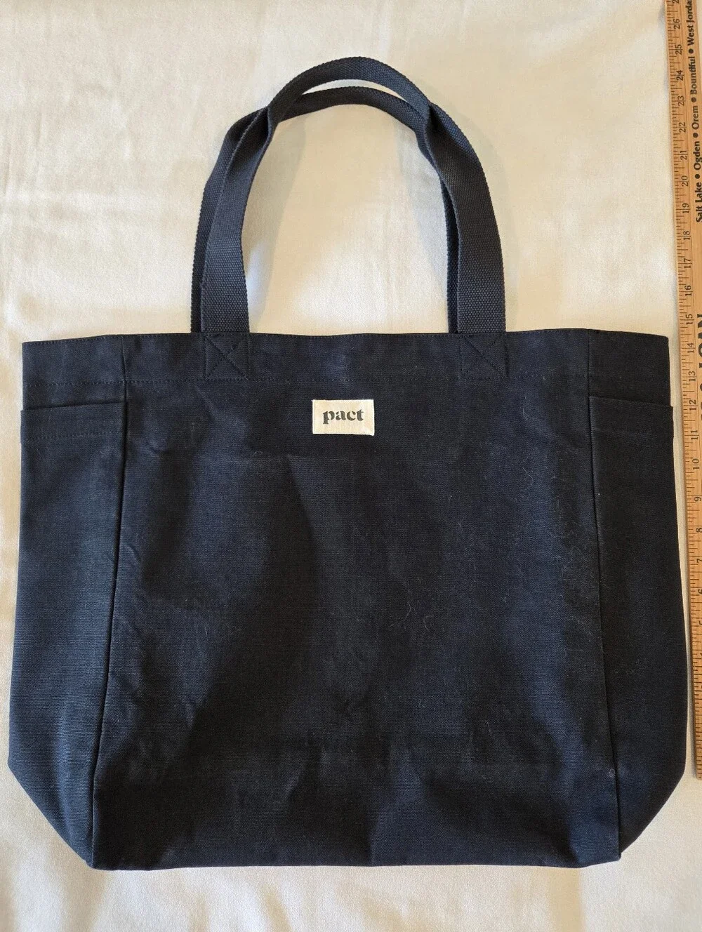 Pact 100% Organic Cotton Black Canvas Beach‎ Bag Everyday Tote Heavyweight